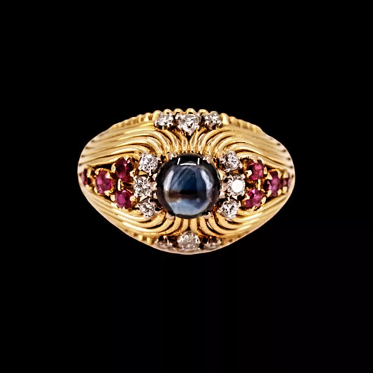 Vintage 1950s 18ct Gold Cocktail Ring with Cabochon Sapphire, Rubies & Diamonds