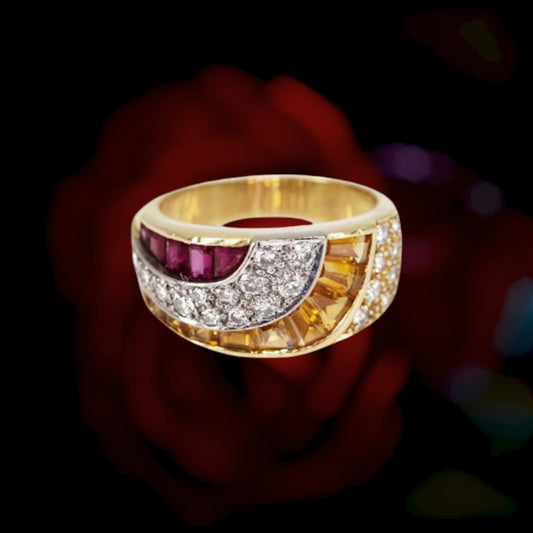 1960s Vintage Ruby, Sapphire, and Diamond Abstract Design Ring in 18ct Gold