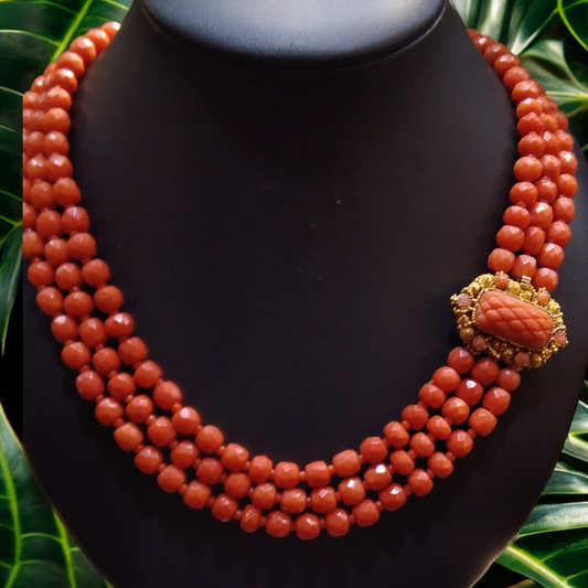 Three-Strand Antique Coral Necklace with 18ct Gold & Coral Clasp