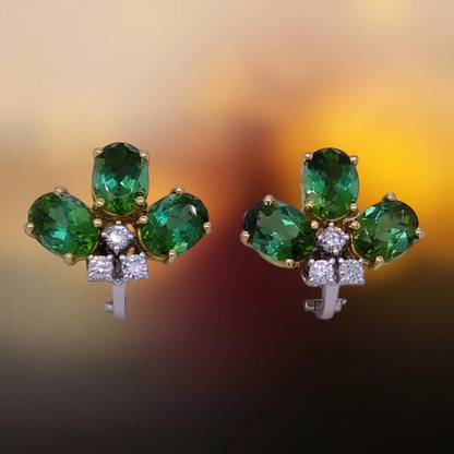 Vintage Green Tourmaline & Brilliant Diamond Clip to Post Earrings