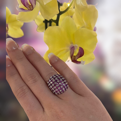 Vintage 1980s 18ct White Gold, Burma Pink Sapphire & Diamond Checkerboard Ring