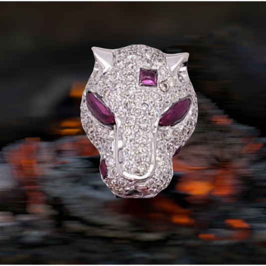 18ct White Gold, Ruby & Diamond Leopard Ring